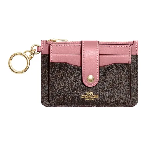 COACH Карточный чехол с фирменным холстом покрытие и гладкая кожа кошелек для монет держатель для карт минималистский женский коричневый и розовый