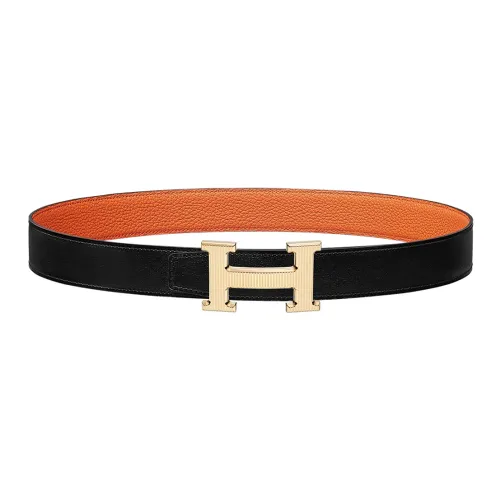 HERMES H Stripes Ремни из коровьей кожи Женские Черный Оранжевый Ширина 3,2 см