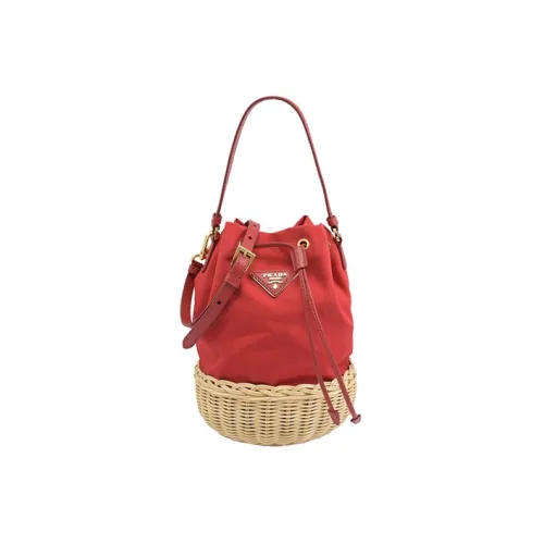 PRADA Холст Соломенная плетенье Ведрообразная сумка Портативная сумка через плечо Сумка через плечо Обычная Женская Красная