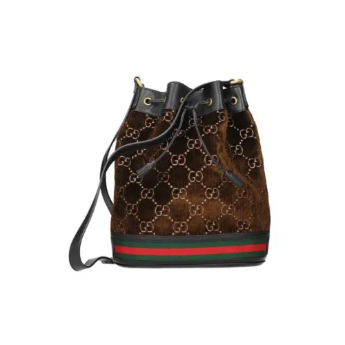 GUCCI Ophidia Вельветовая Сумка-ведро с Кожей Сумка через плечо Мини Женская Коричневая