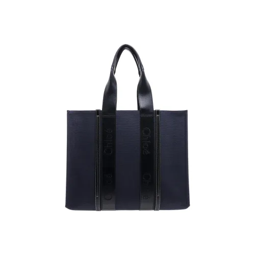 Chloe Woody Холст и Кожа Тоут Сумка Сумка для покупок Портативная Холст Сумка Сумка через плечо Средняя Женская Синяя