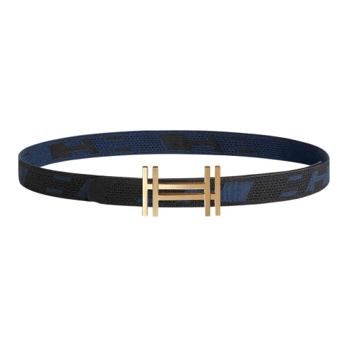 HERMES Удобный Block H Золотой Пряжка Двойной С обеих сторон Нейлоновый Сетчатый Ремень Мужской Черный Индиго Ширина 3,2 см