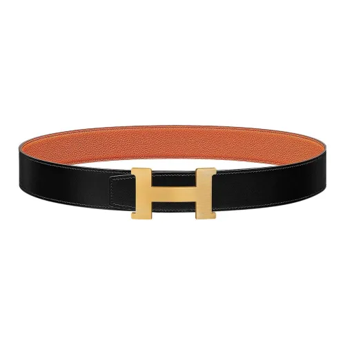 HERMES Телячья кожа Двойной с обеих сторон Кожаные ремни Мужской Черный Оранжевый Ширина 3,8 см