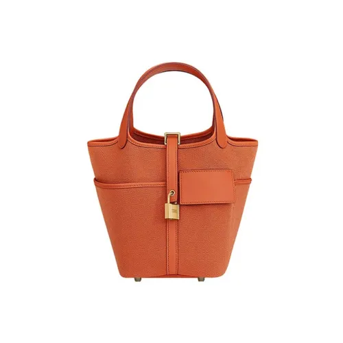 HERMES Picotin Goeland Холст And Swift Овечья кожа Корзина Сумка Сумка-ведро Сумка Женская Апельсин