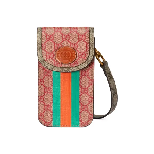 GUCCI Superme Canvas Leather Портсигар Одно плечо через плечо Чехол для телефона Мини Мужской Коричневый Розовый