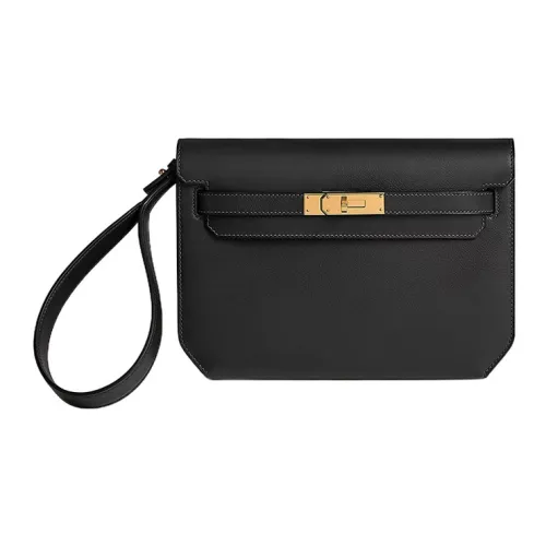 HERMES Kelly Depeches Evergrain Телячья кожа Клатч Стандартный Мужской Черный