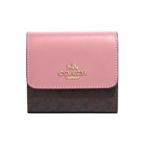 COACH Трехсекционный кошелек Холст с кожей Держатель для карт кошелек Маленький Женский Коричневый и Розовый