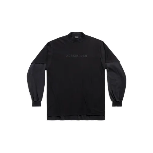 Balenciaga Однотонная рубашка Mock из двух частей с круглым вырезом длинными рукавами свободного кроя мужская черная