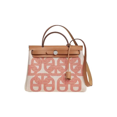 HERMES Herbag Zip H Plume Холст с кожей Портативный Холст Сумка через плечо Женская