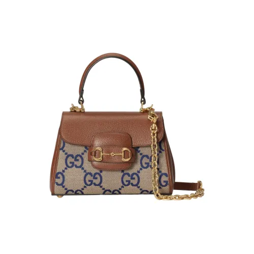 GUCCI Horsebit 1955 Холст и Кожа Сумка через плечо Сумка Мини Женская Синяя Коричневая