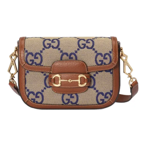 GUCCI Horsebit 1955 Холст и кожа Сумка Сумка через плечо Женская Синий Коричневый