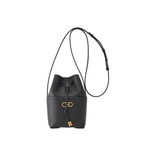 FERRAGAMO GANCINI Корова Кожа Ведрообразная Сумка Сумка через плечо Мини Женская Черная