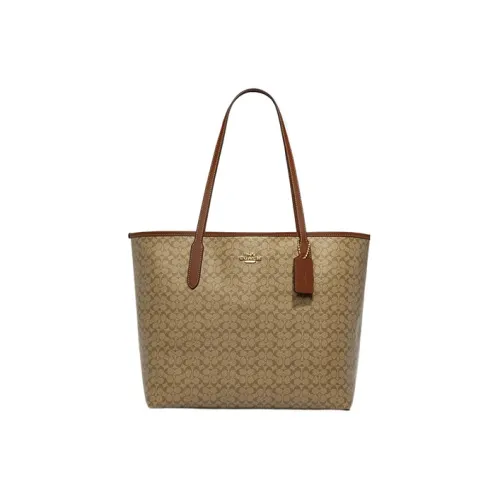 COACH Городская Сумка Tote из холста с покрытием и гладкой кожей Сумка для покупок Сумка Сумка через плечо Женская Коричневая