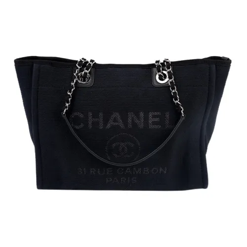 CHANEL Хлопок с Цвет холста And Кожа Тоут Сумка Сумка для покупок Сумка на плечо Сумка Женские Черный