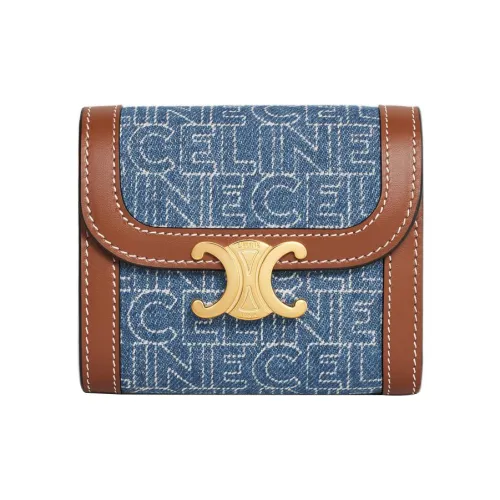 CELINE Деним с Телячьей Кожей Комбинированный Кошелек Маленький Женский Морской Синий Коричневый