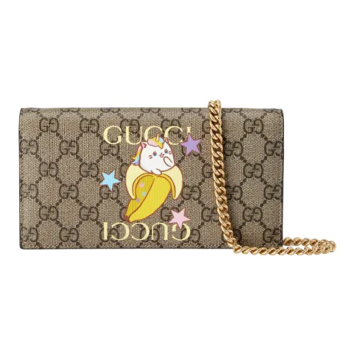 GUCCI Bananya Банан Meow Коллаборация Холст Сумка с цепочкой Сумка через плечо Кошелек Женские Бежевый Эбеновый