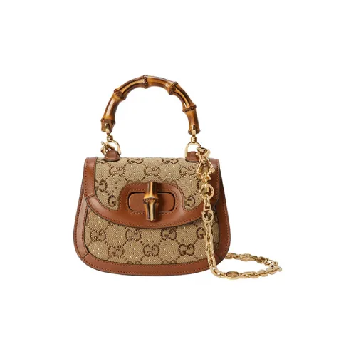 GUCCI Bamboo 1947 Холст Сумка через плечо Сумка Мини Женская Бежевая Коричневая