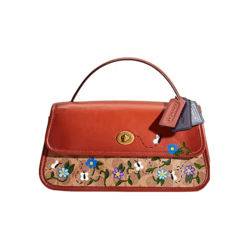 COACH Turnlock Покрытый холст с утонченной телячьей кожей сумка через плечо сумка на плечо клатч большой женский коричневый