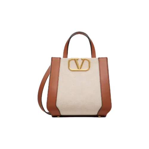 Valentino Vlogo Холст с кожей Сумка из холста Сумка через плечо Сумка Маленькая Женская Бежевая Седло Коричневая