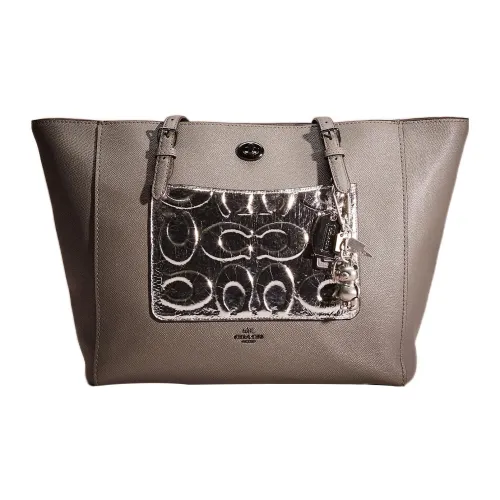 COACH Turnlock Крестообразная текстура Кожа Тоут Сумка Сумка для покупок Сумка Сумка через плечо Женская Серый Серебряный