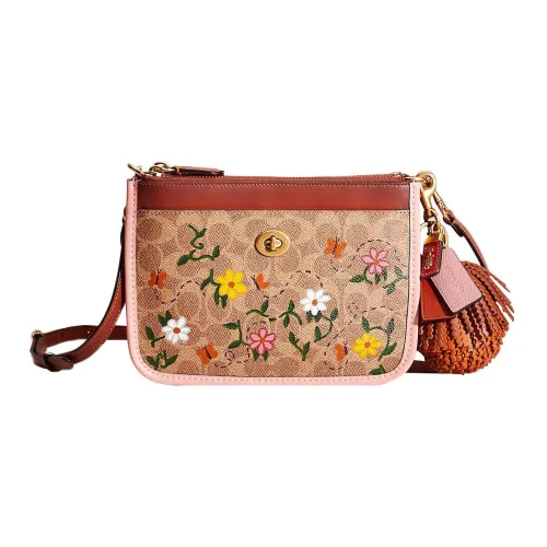 COACH Turnlock Покрытый холст с утонченной телячьей кожей Сумка через плечо Маленькая Женская Коричневая