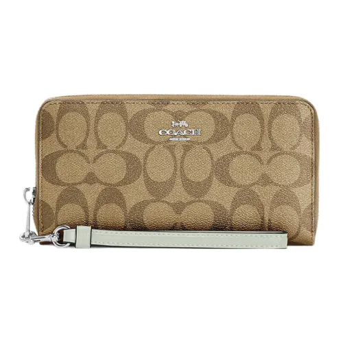 COACH Zip Around Покрытие Холст Кожа Карман Держатель для Карт Кошелек Стандартный Женский Светлый Хаки