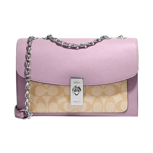 COACH Lane Покрытый холст с галечной кожей Портативная сумка через плечо сумка на плечо Женская хаки с монограммой и розовая