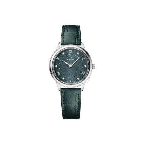 OMEGA Elegant Saucer Series Кварцевый механизм Женские часы 30MM Зеленый циферблат Корпус из нержавеющей стали Ремешок из натуральной кожи