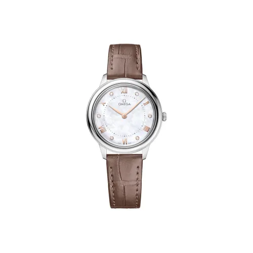 OMEGA Elegant Saucer Series Кварцевый механизм Женские часы 30MM Белый циферблат Корпус из нержавеющей стали Ремешок из натуральной кожи