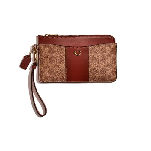 COACH Wristlet Покрытый холст с телячьей кожей запястный браслет сумка-клатч маленький женский коричневый