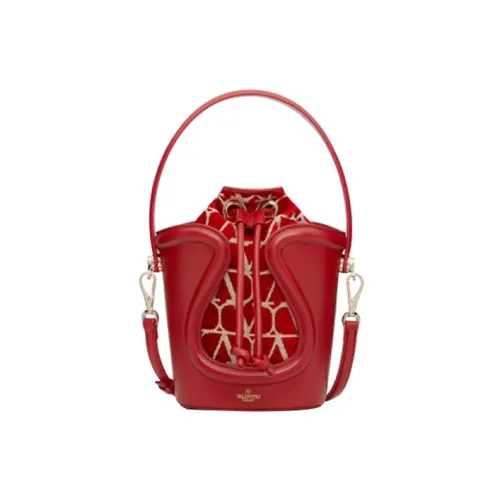 Valentino Козья кожа Композитная ткань Ведрообразная сумка Сумка через плечо Сумка для женщин Красный Бежевый
