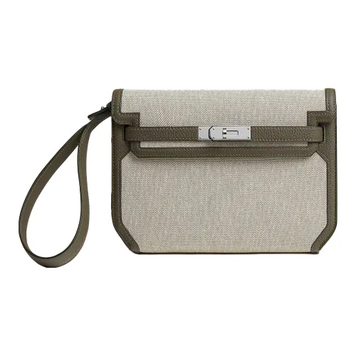 HERMES Kelly Depeches H Холст с коровьей кожей Togo Сумка из холста Клатч Мужской Светлый Бежевый и Абрикосовый Зеленый