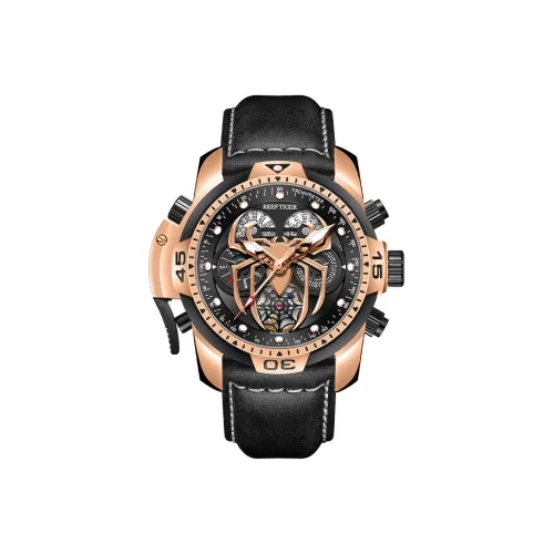 REEF TIGER Aurora Collection Восемиметровый паук Автоматический механический механизм Часы Мужские Черный циферблат