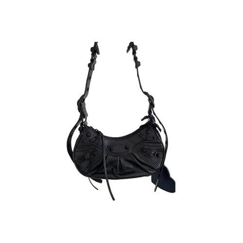 Balenciaga Le Cagole Fine Grained Овчина Сумка-полумесяц Байкер Сумка на плечо Мини Женские Черный