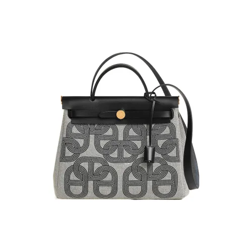 HERMES Herbag Zip H Plume Холст Портативный Холст Сумка через плечо Женская Черная Бежевая