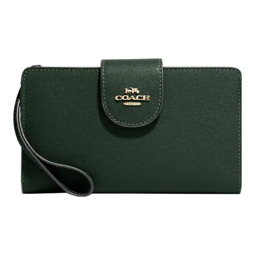 COACH Tech Wallet Крестообразная текстура Кожа Кошелек Женские Темно-зеленый