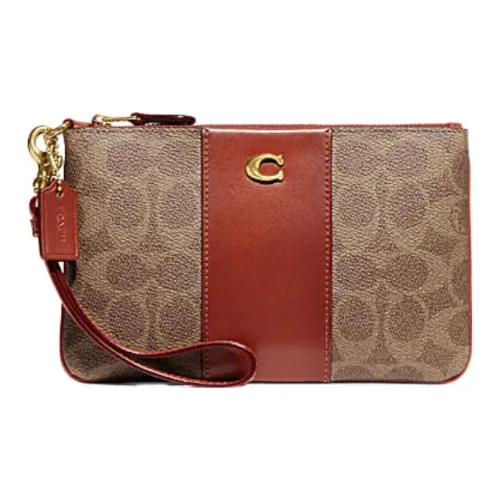 COACH Wristlet Покрытый холст с телячьей кожей клатч запястный ремешок сумка маленький женский коричневый желтый и ржавый