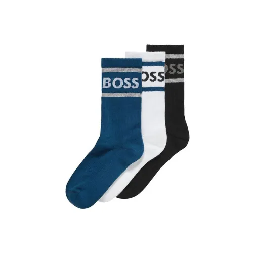 Hugo Boss 3 пачки черных + белых + синих мужских носков MID до икры