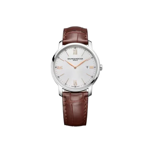 Baume Mercier Кварцевый механизм Мужские часы Часы 42 мм Серебристый циферблат Корпус из нержавеющей стали Ремешок из коровьей кожи
