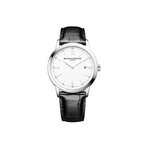 Baume Mercier Кварцевый механизм Мужские часы Часы 42 мм Белый циферблат Корпус из нержавеющей стали Ремешок из коровьей кожи