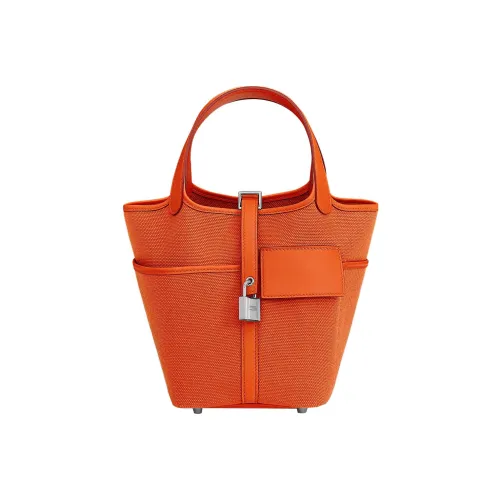 HERMES Picotin Lock Goeland Холст Swift Телячья кожа Сумка-ведро Сумка Женская Ярко-оранжевая