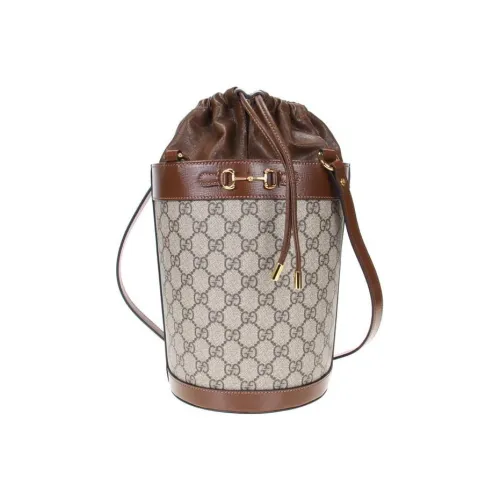 GUCCI Horsebit 1955 Холст Canvas Телячья кожа Ведрообразная сумка Портативная сумка через плечо Сумка через плечо Женская