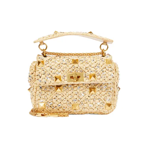 Valentino Roman Stud Рафия Волокно Портативная Сумка через плечо Сумка на плечо Женская Бежевая