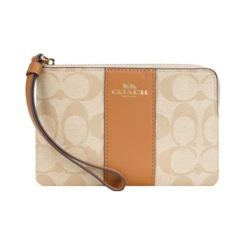 COACH Corner Zip Холст и Кожа Сумка из Холста Маленькая Сумка-Клатч Запястье Сумка Маленькая Женская Коричневая и Хаки Монограмма