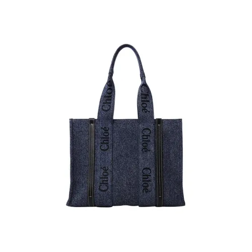 Chloe Woody Smooth Calfskin Denim Tote Bag Shopping Bag Medium Women's Dark Blue