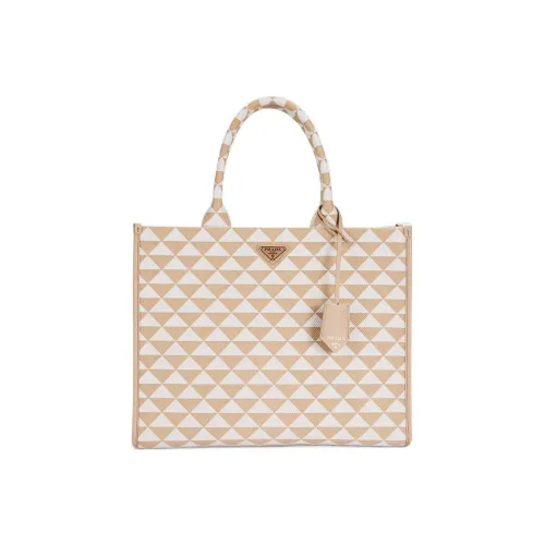 PRADA Ткань с кожаными вставками Тоут Сумка Сумка для покупок Сумка Большая Женская Светлый Умбра