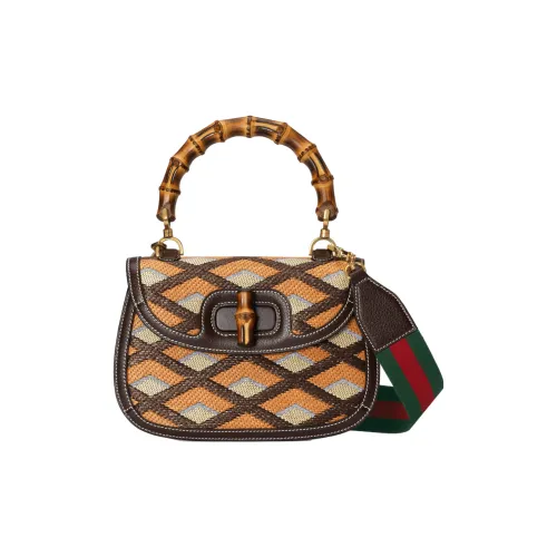 GUCCI Bamboo 1947 Raffia Сумка через плечо с кожаными вставками средний размер женская многоцветная коричневая
