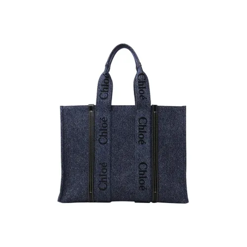 Chloe Woody Shiny Calfskin Denim Tote Bag Shopping Bag Large Women's Dark Blue