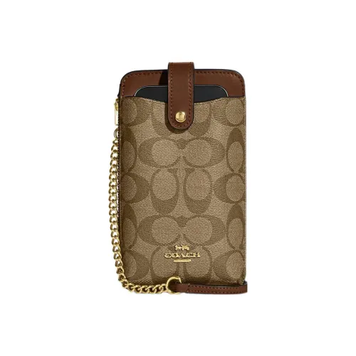 COACH Canvas с кожаными вставками одно плечо через плечо чехол для телефона мини женский коричневый