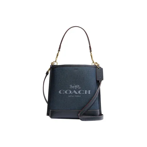 COACH Mollie Деним с кожаными вставками Ведрообразная сумка Сумка через плечо Сумка через плечо Маленькая Женская Джинсовая Синяя